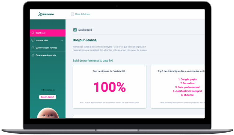 Plateforme RH de Birdynfo, l'assistant RH des entreprises qui permet de répondre aux questions RH et administratives